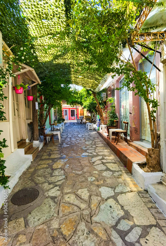 Fototapeta Naklejka Na Ścianę i Meble -  preveza city setan pazar alleys with colored houses and restaurants greece