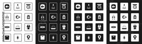 Set Boxing gong, Punch boxing glove, Jump rope, Energy drink, bell, jersey and t-shirt and belt icon. Vector