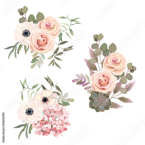 Floral set for wedding card. Greeting composition with rose, hortensia, eucalyptus branch, leaves and cactus on white background. Vector illustration
