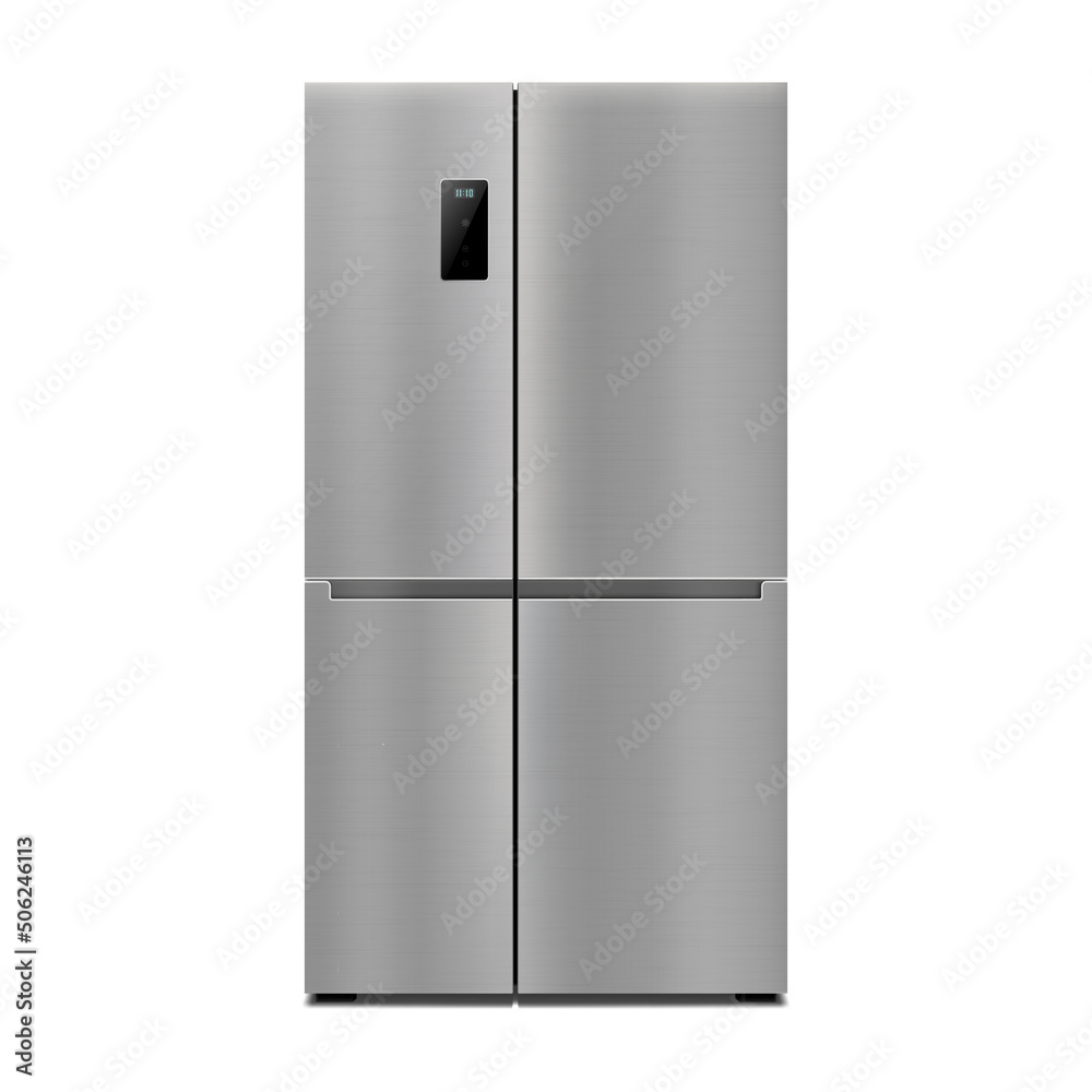 Vector 3d realistic mock up with gray two-chambered refrigerator isolated on white background. Modern smart appliance in kitchen. Vector 3d realistic mock up with gray two-chambered refrigerator isolated on white background. Modern smart appliance in kitchen.