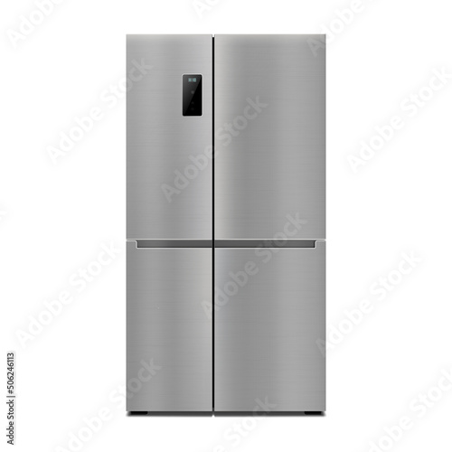 Vector 3d realistic mock up with gray two-chambered refrigerator isolated on white background. Modern smart appliance in kitchen.