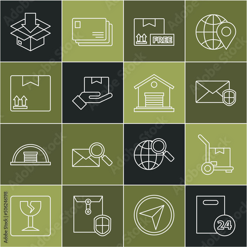 Set line Delivery with cardboard boxes, Hand truck and, Envelope shield, Cardboard free symbol, hand, traffic, and Warehouse icon. Vector