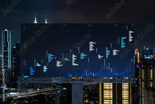 Canvas Print FOREX graph hologram on billboard, aerial night panoramic cityscape of Kuala Lumpur