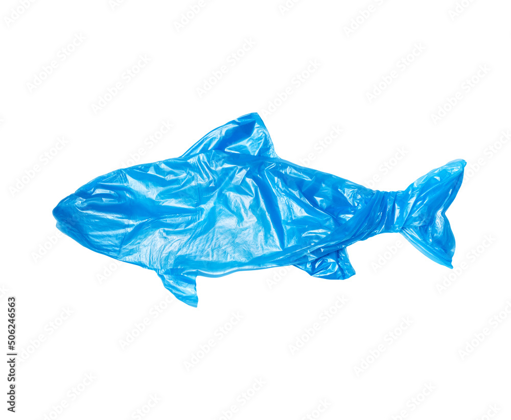 Fototapeta premium Fish created by a blue garbage bag isolated on a white background