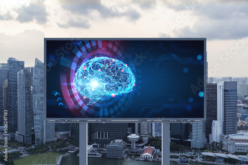 Brain hologram on billboard with Singapore cityscape background at sunset. Street advertising poster. Front view. The largest science hub in Southeast Asia. Coding and high-tech science.