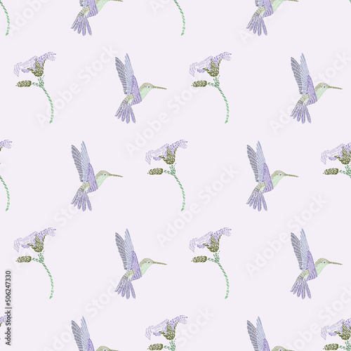 flying hummingbird purple flower and leafs seamless pattern isolated on a light pink background. texture for fabric, textile, wallpaper, apparel. Vector illustration
