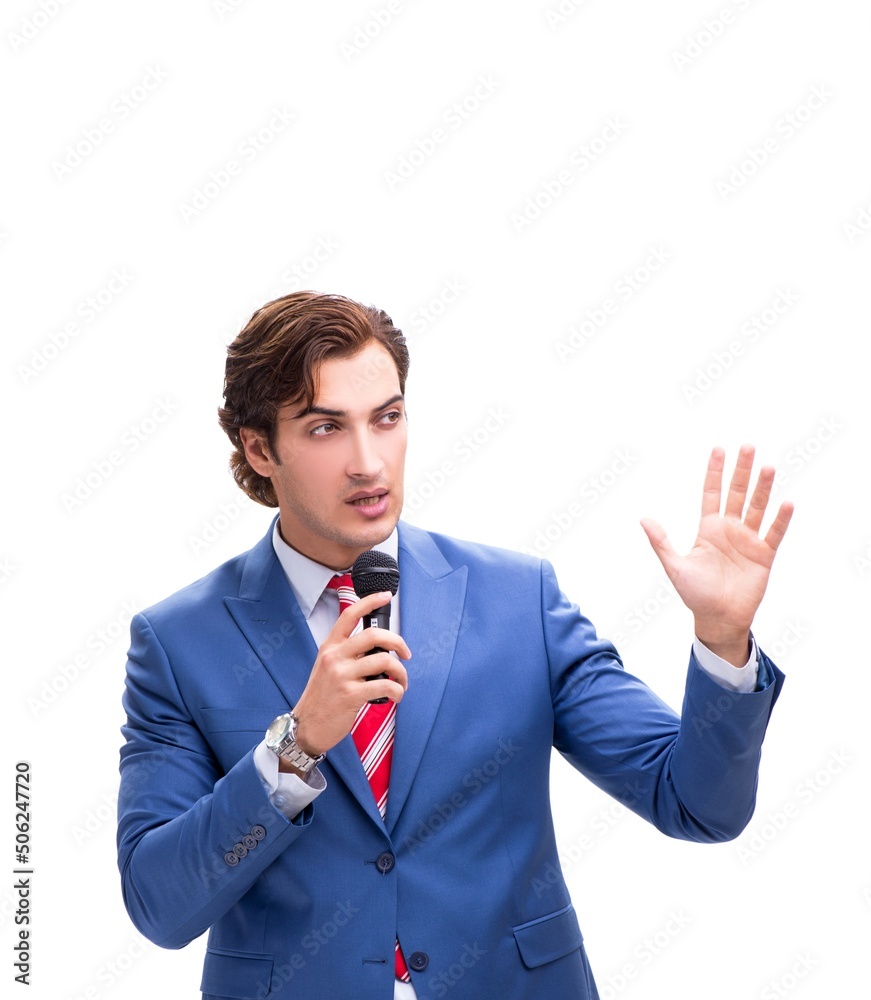 The elegant man with microphone isolated on white The elegant man with microphone isolated on white