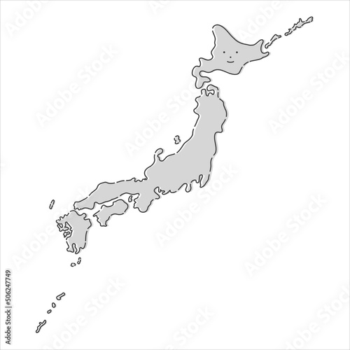 かわいい笑顔の手書きの日本地図 - 薄いグレーのシンプルな日本列島 - ゆるい塗りとやわらかな黒線
