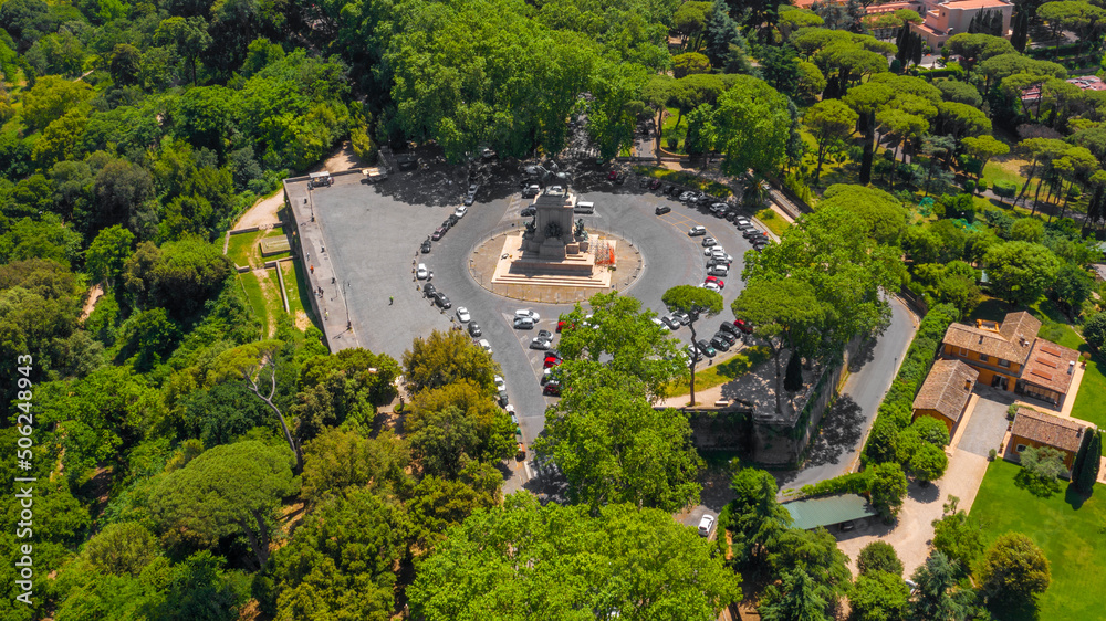 Aerial view of the Janiculan Hill, a hill in western Rome, Italy. The crest of the Janiculum is dominated by equestrian monument to Giuseppe Garibaldi, an Italian patriot. 