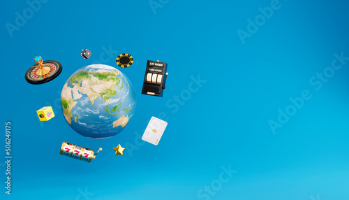Online casino. 3D realistic roulette wheel, slot machine, dice,flying coupons, chip, aces, star around Planet Earth on blue background. Gambling concept design. 3d rendering illustration