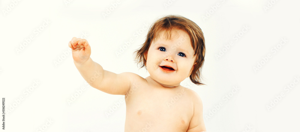 Portrait close up of cute smiling baby on white background Portrait close up of cute smiling baby on white background