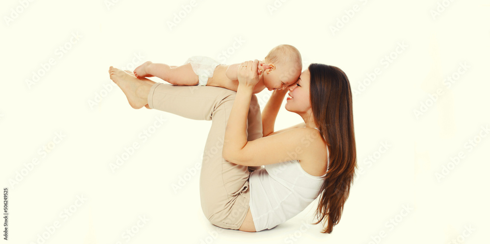 Portrait of happy smiling mother playing with baby together on white background Portrait of happy smiling mother playing with baby together on white background