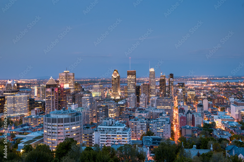 The skyline of Montreal Canada at dusk