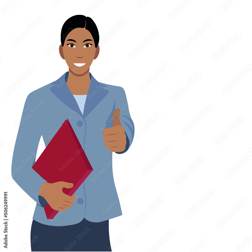 Portrait of a indian girl in a business suit and with a red folder for documents in her hand, vector isolated on a white background, thumb up gesture Portrait of a indian girl in a business suit and with a red folder for documents in her hand, vector isolated on a white background, thumb up gesture