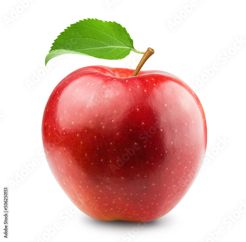 Apple isolated. Red apple with a leaf on a white background.