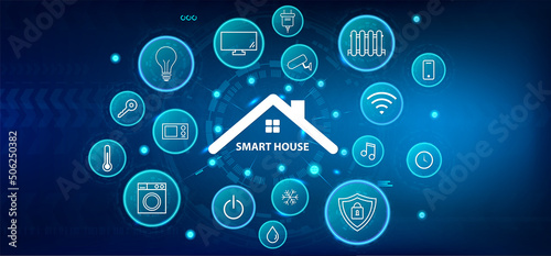 Smart home banner web icon. Smart Home Control Systems. Outline set of smart home vector icons for web design. Contains values   such as control camera, light setting, humidity, control of heating etc