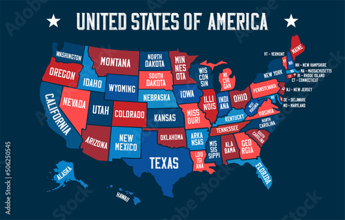 Blue and red map of United States of America with borders of the states and names. Vector design.