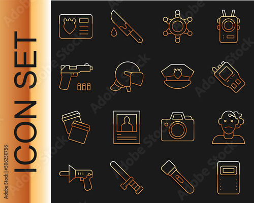 Set line Police assault shield, Murder, Walkie talkie, Hexagram sheriff, helmet, Pistol or gun, badge with id case and cap cockade icon. Vector