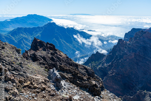 Panoramic view on La Palma island from highest mountain range Roque de los muchachos, sunny day, Canary islands, Spain