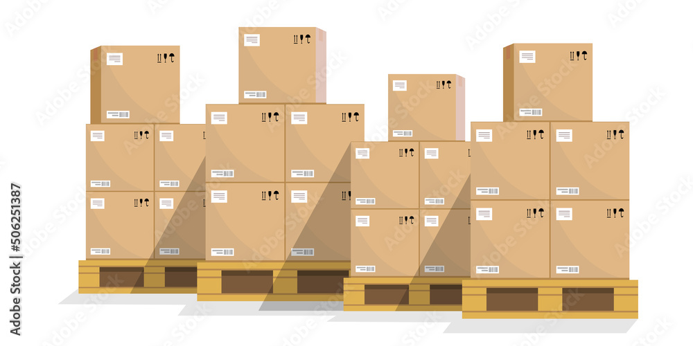 Boxes on wooded pallet illustration, flat style warehouse cardboard parcel boxes stack front view image Box on pallet in warehouse. Cardboard boxes in front on wooden palettes. Icon of delivery.image Boxes on wooded pallet illustration, flat style warehouse cardboard parcel boxes stack front view image Box on pallet in warehouse. Cardboard boxes in front on wooden palettes. Icon of delivery.image