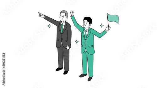 笑顔で指差すスーツのシニア男性とビジネスマンのイラスト、ベクター
