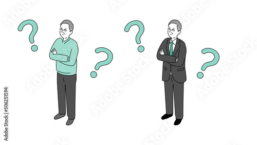 腕組みをして悩む私服とスーツのシニア男性のイラスト、アイソメトリック、ベクター