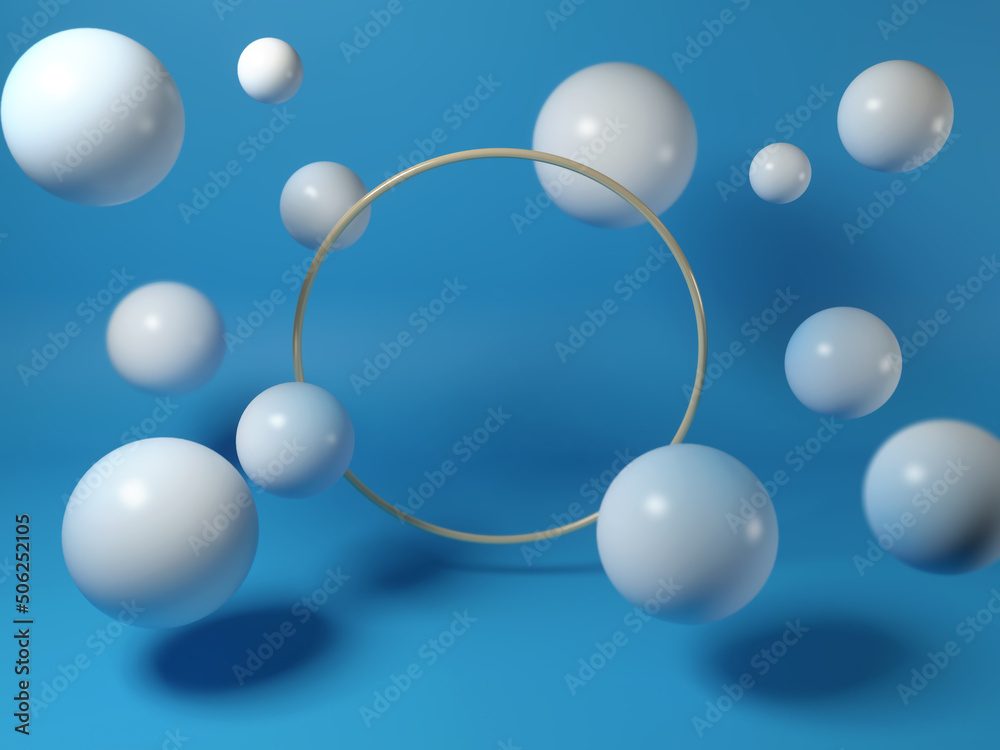 Flying geometric spheres in motion with golden round frame. Dynamic set of realistic spheres, rings, tubes. Modern background for product design show in dark blue color. 3d render illustration.