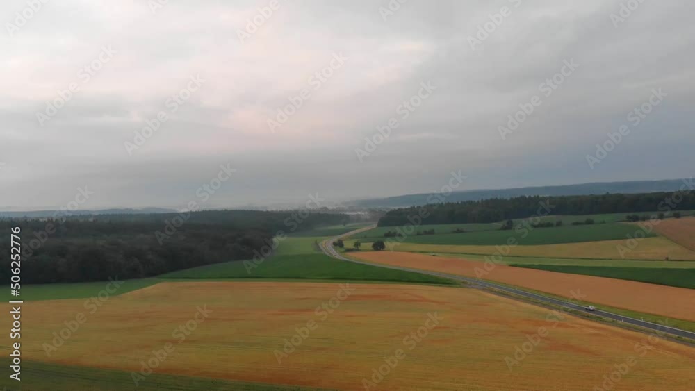 Aerial view of a road between two corn fields at morning with camera movement Aerial view of a road between two corn fields at morning with camera movement