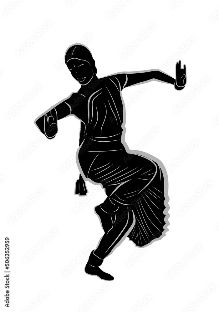 Bharatanatyam dancing girl black and white vector isolated on white. South Indian dance form.
