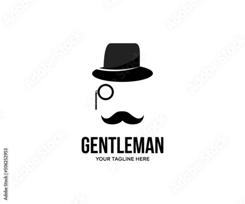 Gentleman vintage head elements set logo design. Black tophat, glasses, moustache, classic accessories. Realistic retro male fashion style vector design and illustration.