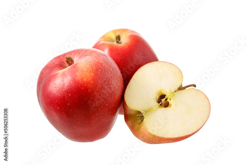 Fresh harvesting red apples whole and slice isolated on white
