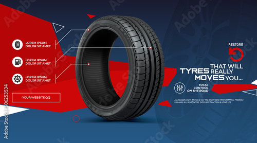 Tires horizontal banner. Properties of a car tire. Web page of wheeled vehicles. Blue background with red geometric inserts and text. Tire shop. Spare parts and car service. Sale Black Friday.