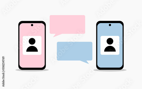 Illustration blue and pink color screen smartphone and people chat icon in middle. Phone message illustration