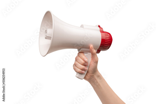 Megaphone in woman hands on a white background.