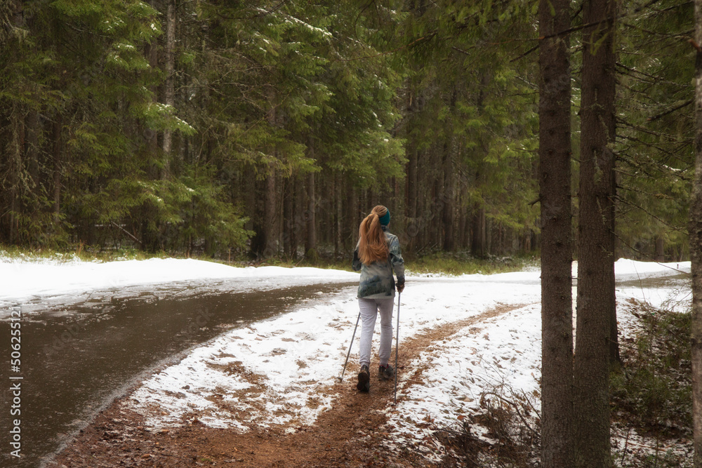 Women are engaged in Nordic walking in a winter park.