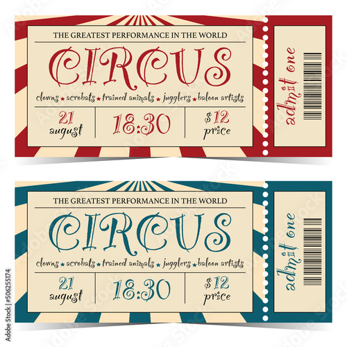 Circus entrance ticket template design in retro vintage style with marquee tent on background and tear-off or detachable part and barcode. Vector illustration of circus show entrance talon or coupon.