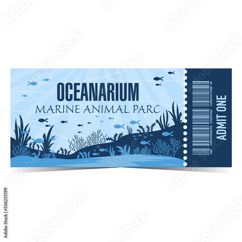 Oceanarium ticket template design for marine animal park entrance. Vector illustration of aquarium pass talon or coupon with image of the seabed with algae, floating fish and tearoff part and barcode. photo