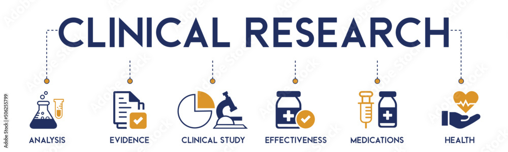 Banner of clinical research vector illustration concept pictogram with the icon of analysis, evidence, clinical study, effectiveness, medication and health. - obrazy, fototapety, plakaty 