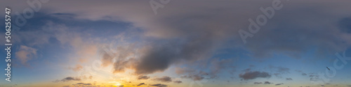 Panorama of a dark blue sunset sky with golden Cumulus clouds. Seamless hdr 360 panorama in spherical equiangular format. Full zenith for 3D visualization, sky replacement for aerial drone panoramas.