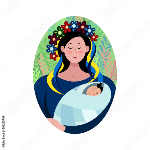 Young mother with a baby. A woman with a wreath of flowers in her hair and bright ribbons. Happy motherhood. Mother's Day element!