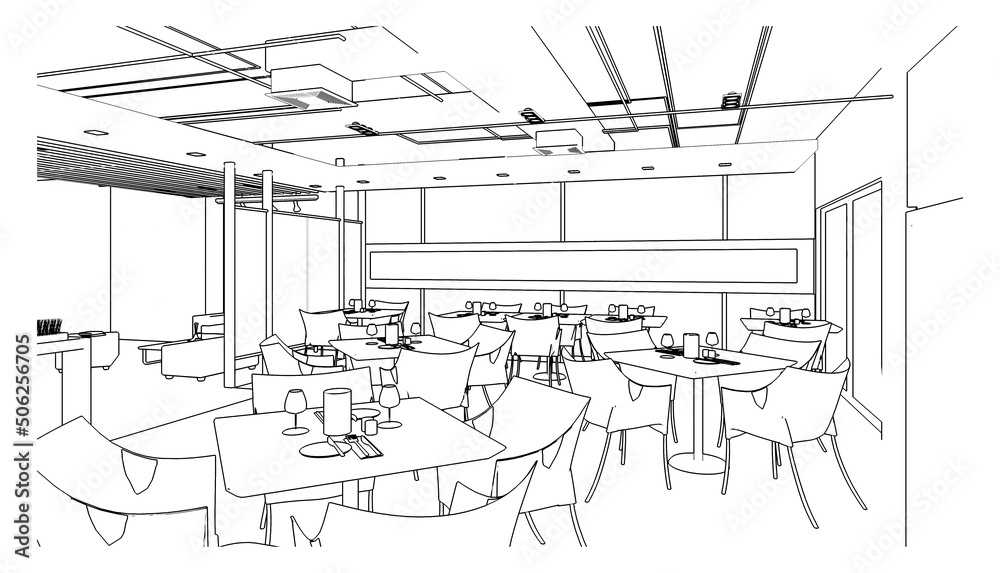 line drawing of restaurant,Modern design,3d rendering