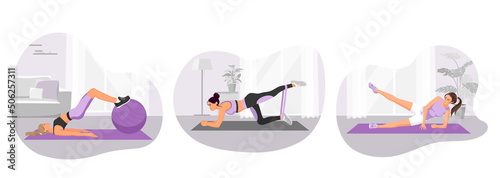 Young woman, girl training set home, indoor. Active women, people doing stretching sport, fitness, exercises. Exercise fitness ball, fitness elastic band, lift legs, arm sport mat. Vector illustration