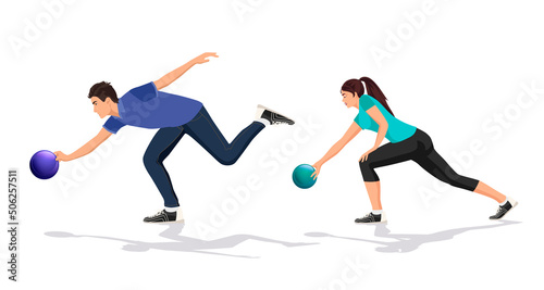 Isolated bowling players throw ball, alley, action, movement, playing, recreation. Young active healthy man, woman, boy, girl sport activity, training, men, women. People play. Vector illustration