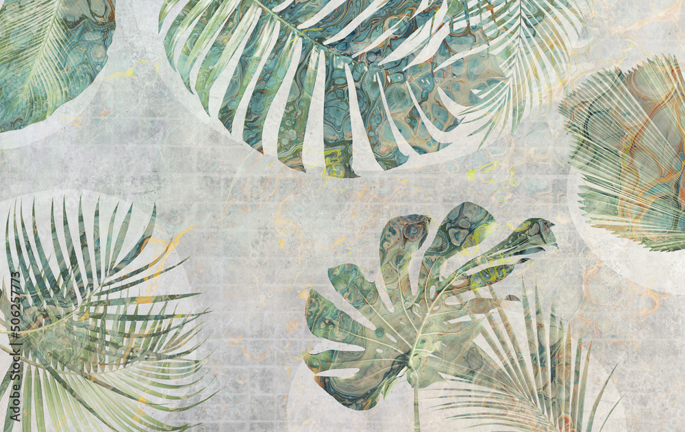 Fototapeta Tropical leafs on dirty grunge background with paint splashes. Design for wallpaper, photo wallpaper, fresco, etc.
