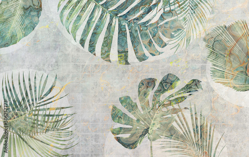 Fototapeta samoprzylepna duże kolorowe tropikalne liście na teksturowym tle