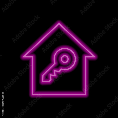 Key, house simple icon, vector. Flat desing. Purple neon style on black background.ai