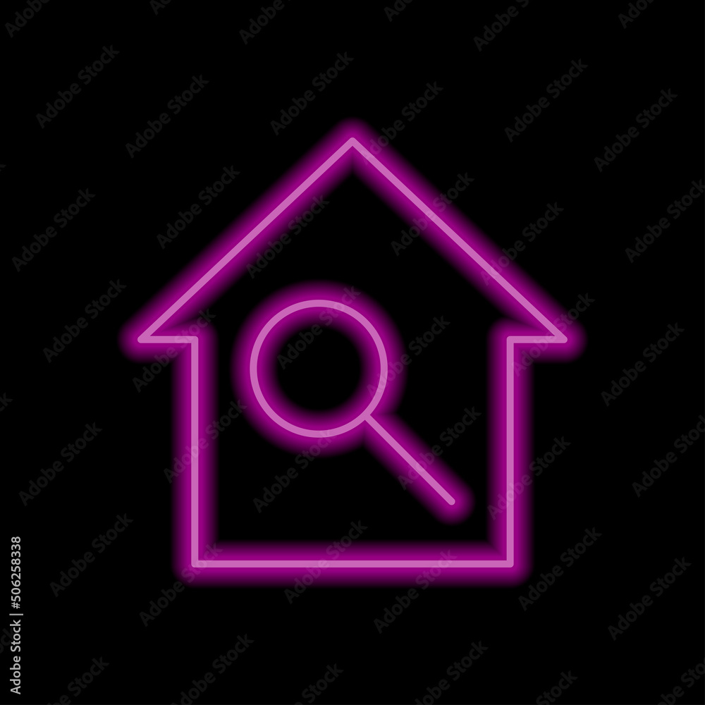 Magnifier, zoom, house simple icon vector. Flat design. Purple neon style on black background.ai Magnifier, zoom, house simple icon vector. Flat design. Purple neon style on black background.ai