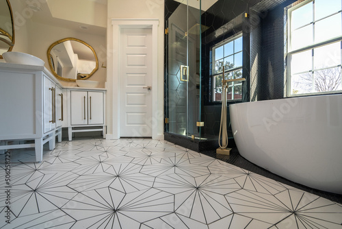 Black and White Mid-Century Modern Bathroom with Hexagon Tiles, Low Viewpoint