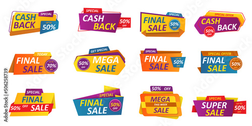 Cashback labels set. Color stickers with cash back text tag. Promotion marketing elements. Super mega sale, discount bright design, special offers. Vector isolated illustration