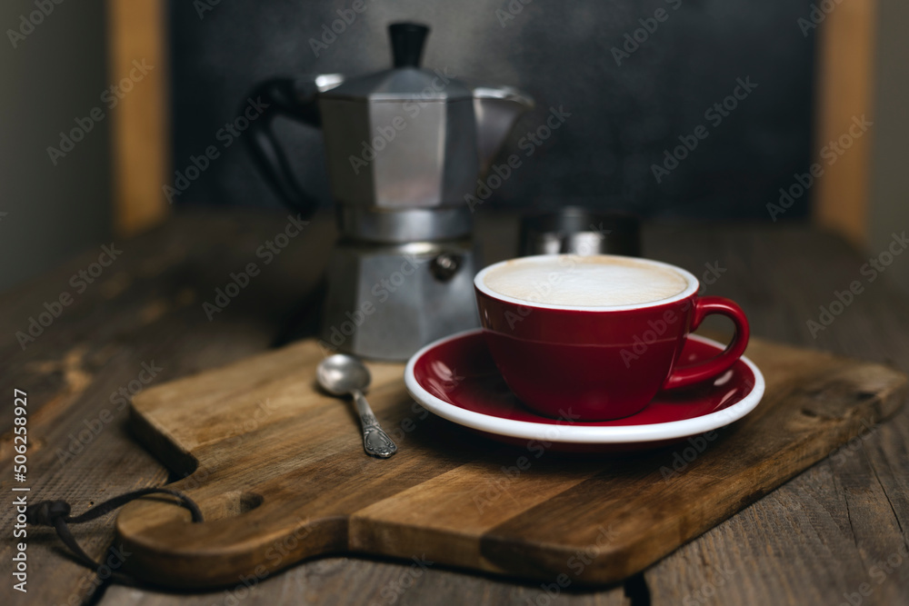 a cup coffee and moka with milk jug a cup coffee and moka with milk jug